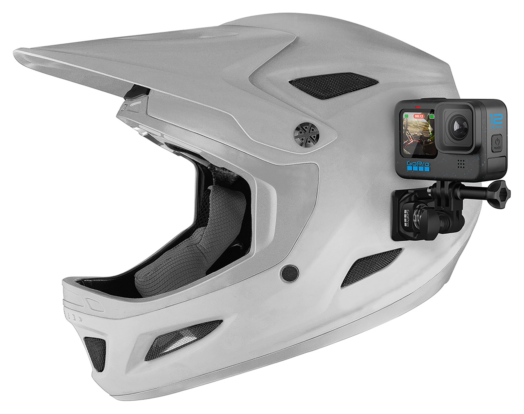 Side mounted GoPro on motorcycle helmet